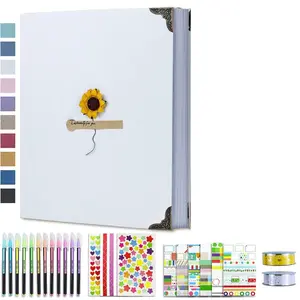 A set of DIY Scrapbook Photo Album Kit with Pens Tapes and Stickers 60 Pages Hardcover 8.3x10.5 Inches 3 Rings Removable Blank Paper Scrapbooking for Lover Friends Wedding White