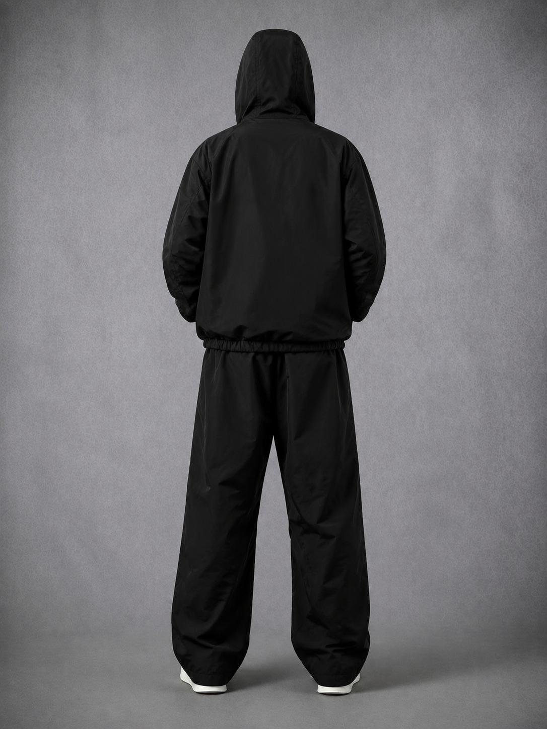 Men's American-Style 2-Piece Polyester Outdoor Wear Set, Hooded Reflective Tape Windproof Jacket with Letter Print & Straight Wide-Leg Athletic Pants
