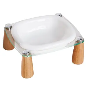 PEIYATA Ceramic Pet Feeding Bowl 13.5OZ with Beech Wood Base Non-Slip Pad & Acrylic Stand for Cats & Small Dogs Elevated Food Water Dish