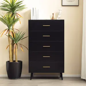 5-Drawer Accent Chest in Sleek Black Finish with Gold Metal Handles Durable Ash Wood Grain for Modern Minimalist Decor