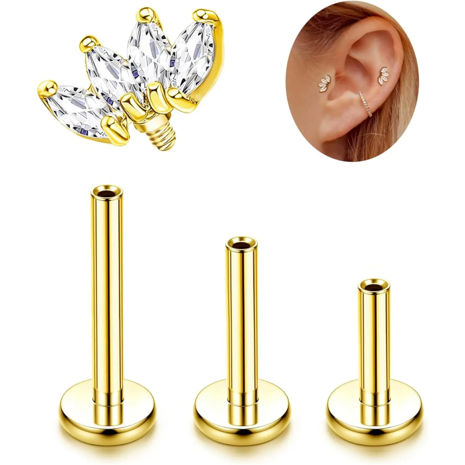 Milacolato Unisex 16G G23 Titanium High Quality Jewelry - Internally Threaded Flat Back Cubic Zirconia Geometric Cartilage Studs, 6mm/8mm/10mm Sizes, Hypoallergenic for Tragus, Conch Piercings, Cubic Zirconia Jewelry, Hypoallergenic Earrings Set, Flat Bac