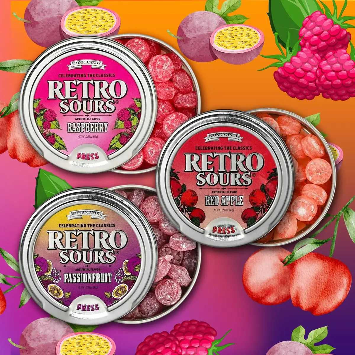 Iconic Candy Retro Sour Tins Hard Tangy Candy Raspberry Red Apple & Passion Fruit 3 Pack 2.12oz Nostalgic Snack Sweet TikTok Candy - Bonbon