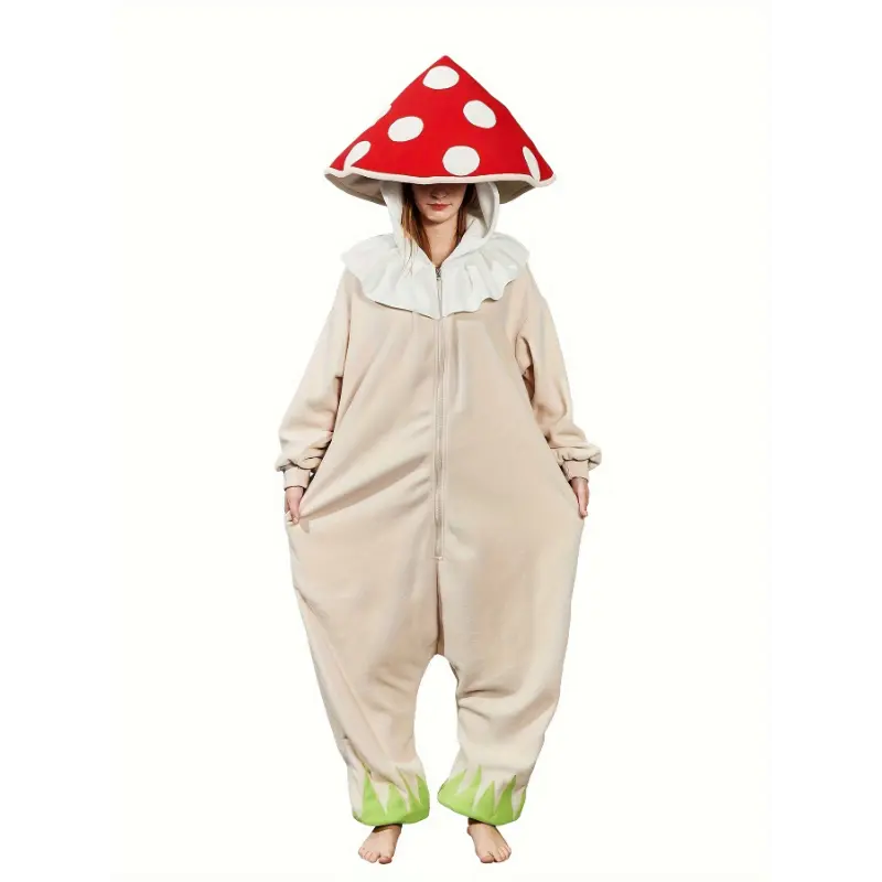 [Halloween Mushroom Jumpsuit] Cozy Polyester Adult Halloween Mushroom Jumpsuit Pajamas - Hooded Onesie with Red & White Spotted Hat, Zip-Up, Machine Washable for Men & Women - Ideal for Costume Parties & Lounging