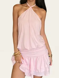 Women's Sleeveless Halter Waist Cinched Cake Dress Short Summer Street Style Sexy Simple Fashion for Daily Casual Party Beach Vacation
