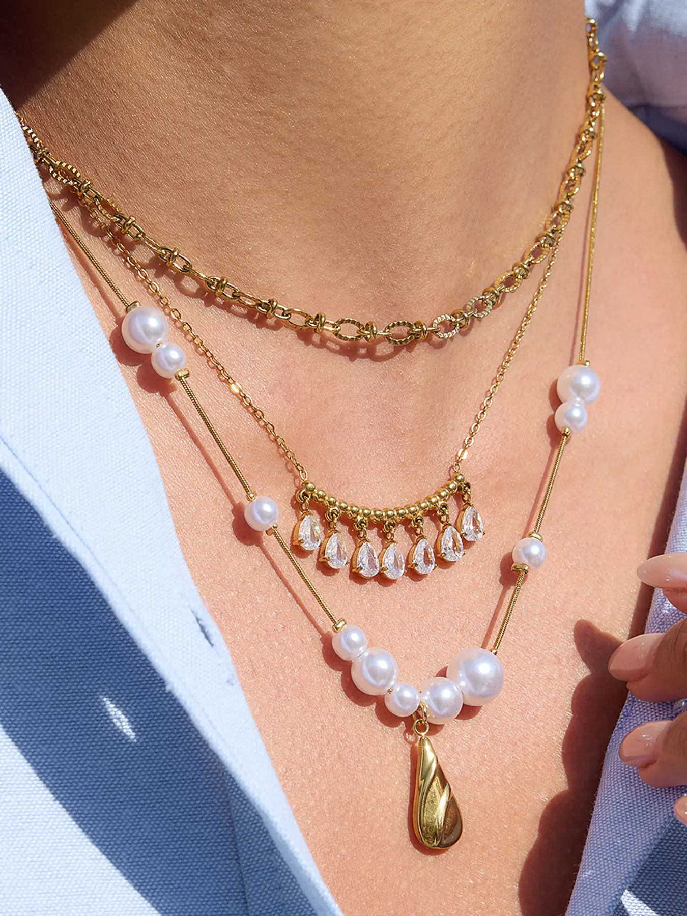 Classic 18K gold-plated snake bone necklace, white teardrop shaped zircon O-chain necklace, women's stainless steel layered necklace, perfect Valentine's Day gift