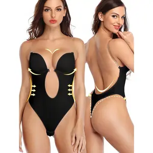 Backless Women U Plunge Thong Bodysuit Shapewear Sexy Deep V Push Up Bra Under Dress Underwear Invisible Bras Tummy Control Body Shaper Built In Bra Low Back Adjustable Straps Fabric Fit Womenswear Sleeve