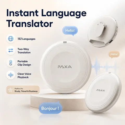 PAXA TS1 Wireless Smart Translator & Learning Companion Digital Product, Travel-Ready Travel Talk Helper Speaker, Bluetooth Audio Device with 162-Language Support, AI Voice Interaction, USB-C, 20kHz, About 1.5h Charging, Batteries, Portable for Kids