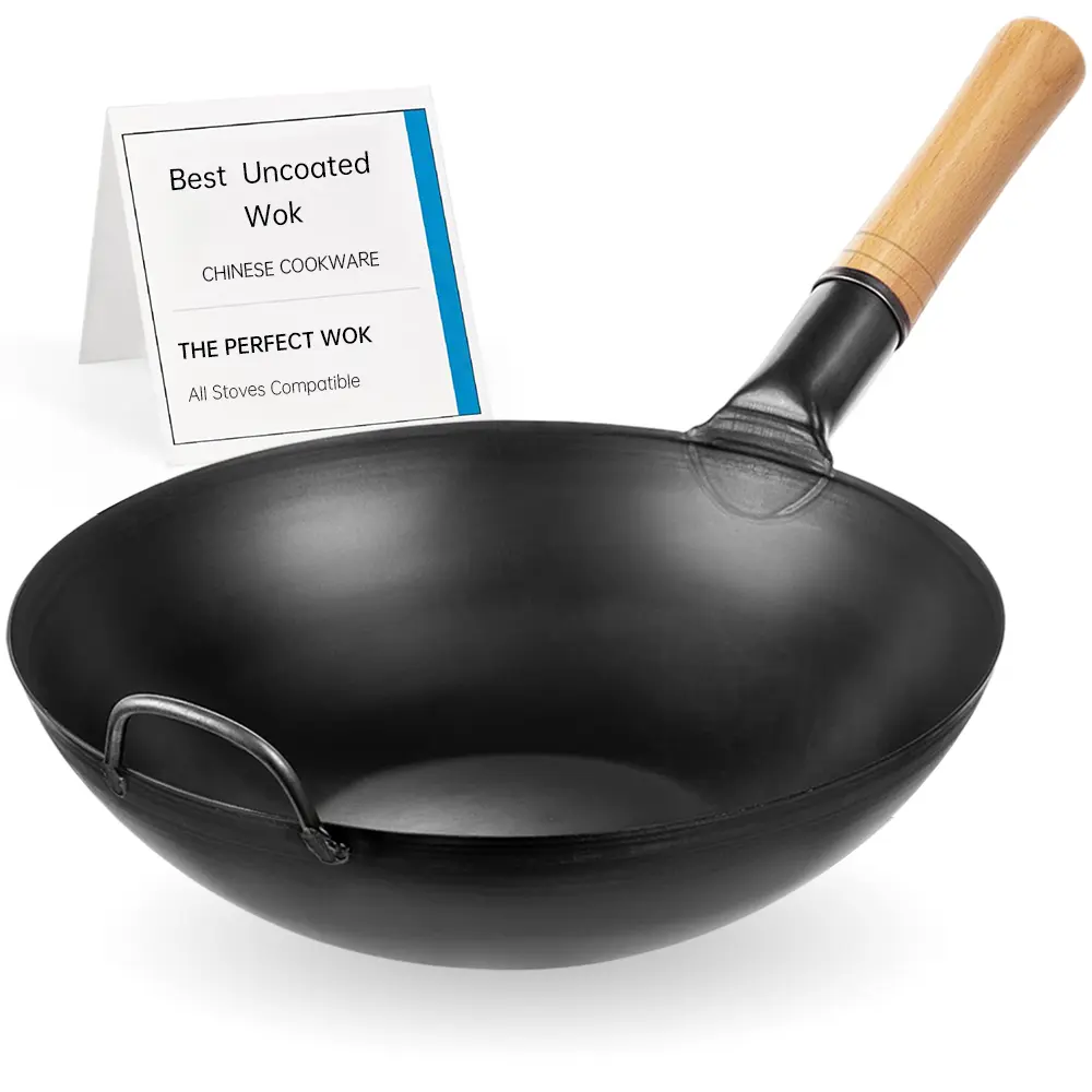Thermal Non-Stick Iron Wok with Wooden Handle, Flat Bottom Stir-Fry Pan - Gas & Induction Compatible, Black Finish for Deep Frying & Daily Multi-Use