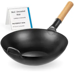 Wooden Handle Iron Wok-Non Stick, Multi-purpose Kitchen Flat Bottomed Pan, Suitable For Gas Stove And Induction Cooker Cooking, Black Finish, Perfect For Deep Frying, Stir Frying, And Cooking