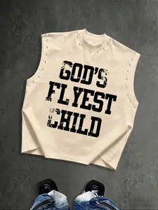 Men's Street Style Sleeveless Vest, Rivet Decor, Letter Print, Loose-Fit, Round Neck, High-Street Fashion, Vintage Look, Streetwear