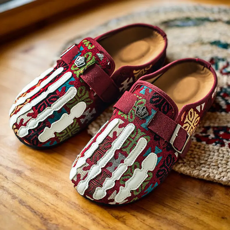 Women's Retro Pattern Strapless Lace-Up Slip-On House Slides - Comfortable PU-PVC Casual Flat Slippers, Fashionable Flats for Indoor-Outdoor Use, Red Footwear