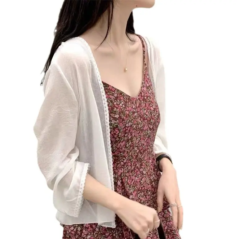 Women's 2026 Summer Loose Lace Sun Protection Cardigan, Thin Beach Open Front Coat, Petite Short Casual Outerwear