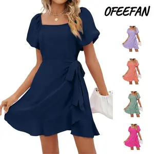 OFEEFAN Womens Summer Dresses Square Neck Puff Sleeve Tie Waist Short Dress SpringStatements
