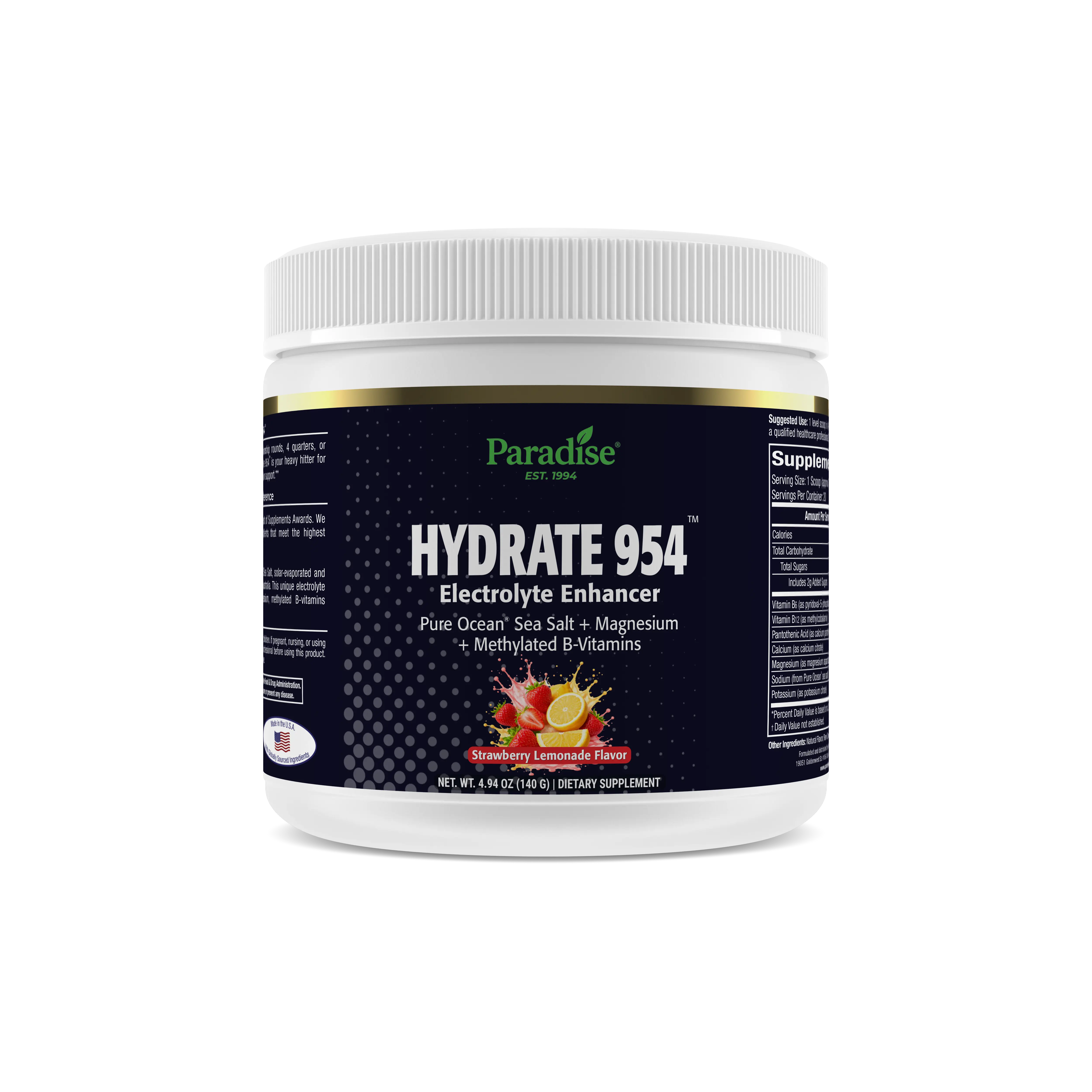 Paradise Herbs Hydrate 954 Performance Electrolyte Drink – Magnesium, Potassium & Trace Minerals for Hydration, Endurance & Recovery – Lemon Lime, Strawberry Lemonade, Tropical Flavors