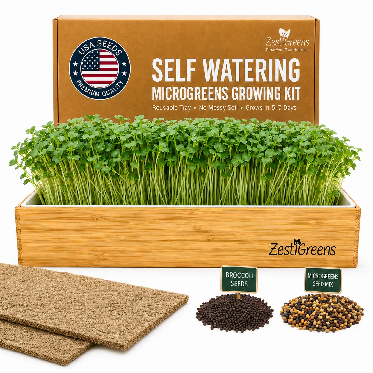 ZESTIGREENS 12x6in Self-Watering Hydroponic Microgreens Growing Kit - Bamboo Frame, Wood Surround, Organic Broccoli Seeds, No Soil Required, Indoor Garden Starter Kit, 7-Day Growth