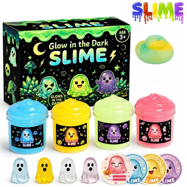4-Pack Glow in the Dark Slime Kit for Kids, Halloween Ghost Slime with Charms, Sensory Fidget Toys, Soft Stretchy Slime, Party Favors, Goodie Bag Stuffers & Gifts Ages 3+