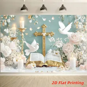 2D Flat 1pc Mint Green Gold Cross Religious Backdrop Banner, Dove Bible White Rose Candle Photography Background, Ideal for Baptism, First Communion, Christian Wedding Decor, Multiple Sizes Available, Wedding Arched Backdrop, Wedding Party Backdrop