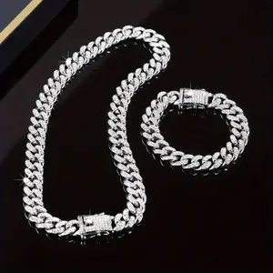 13mm set of Men Women Hip Hop Iced Out Bling Prong Cuban Chain Necklace Paved Rhinestone Link Chain Choker Necklace Men Jewelry