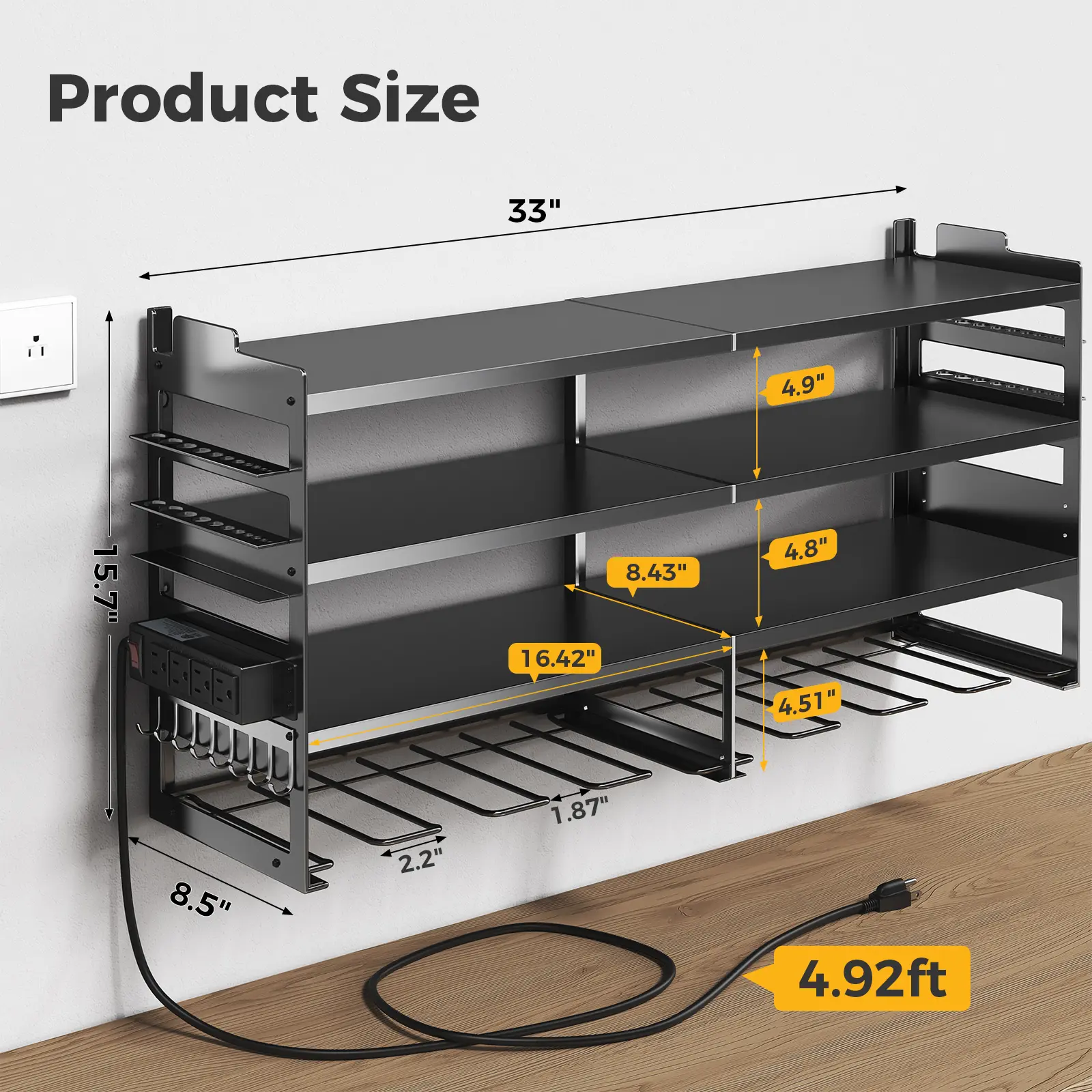 Heavy Duty Power Tool Organizer Wall Mount with Charging Station, 4-Tier Metal Garage Storage Rack Holds 600lbs, 8 Cordless Drill Holders & Battery Utility Shelf