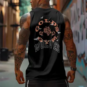 Gold GYM Wolf Icon 90s Graphic Sleeveless Tank Tops Men Vest Streetwear Outfits Men Vacation Outfits Sleeveless Shirt