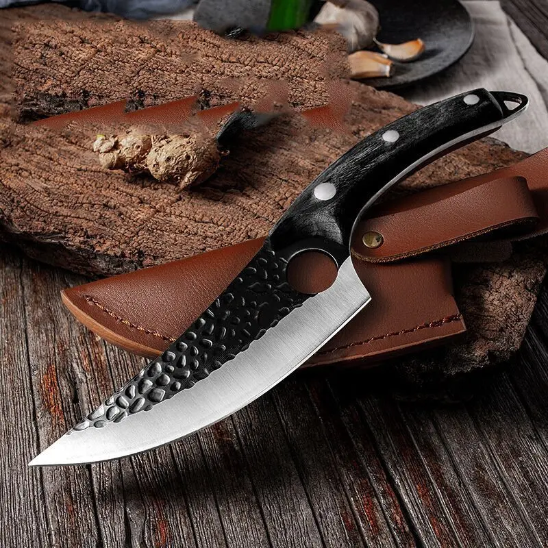 Butcher's Small Scimitar Kitchen Knife - 5crmov15 High Carbon Steel Hammered Edge Blade, Modern Leather Sheath Cover, for Meat Cutting, Boning, Skinning