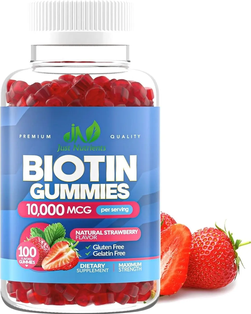 Biotin 10,000mcg Gummies for Hair Growth, Skin & Nails - 2x Maximum Strength Biotin Vitamins for Women & Men - Gluten-Free, Vegan, Non-GMO, Great Tasting Strawberry Flavor - 100 Gummies