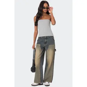 Contrast Panel Washed Mid Rise Baggy Jeans Contrast Panel Washed Mid Rise Baggy Jeans