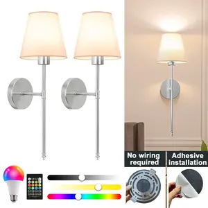 2-piece LED rechargeable wall light, modern fabric wall lamp, Home Decor Lighting, no-drill installation with remote control and adjustable RGB bulbs, suitable for indoor decoration in bedrooms, living rooms, studies and corridors.
