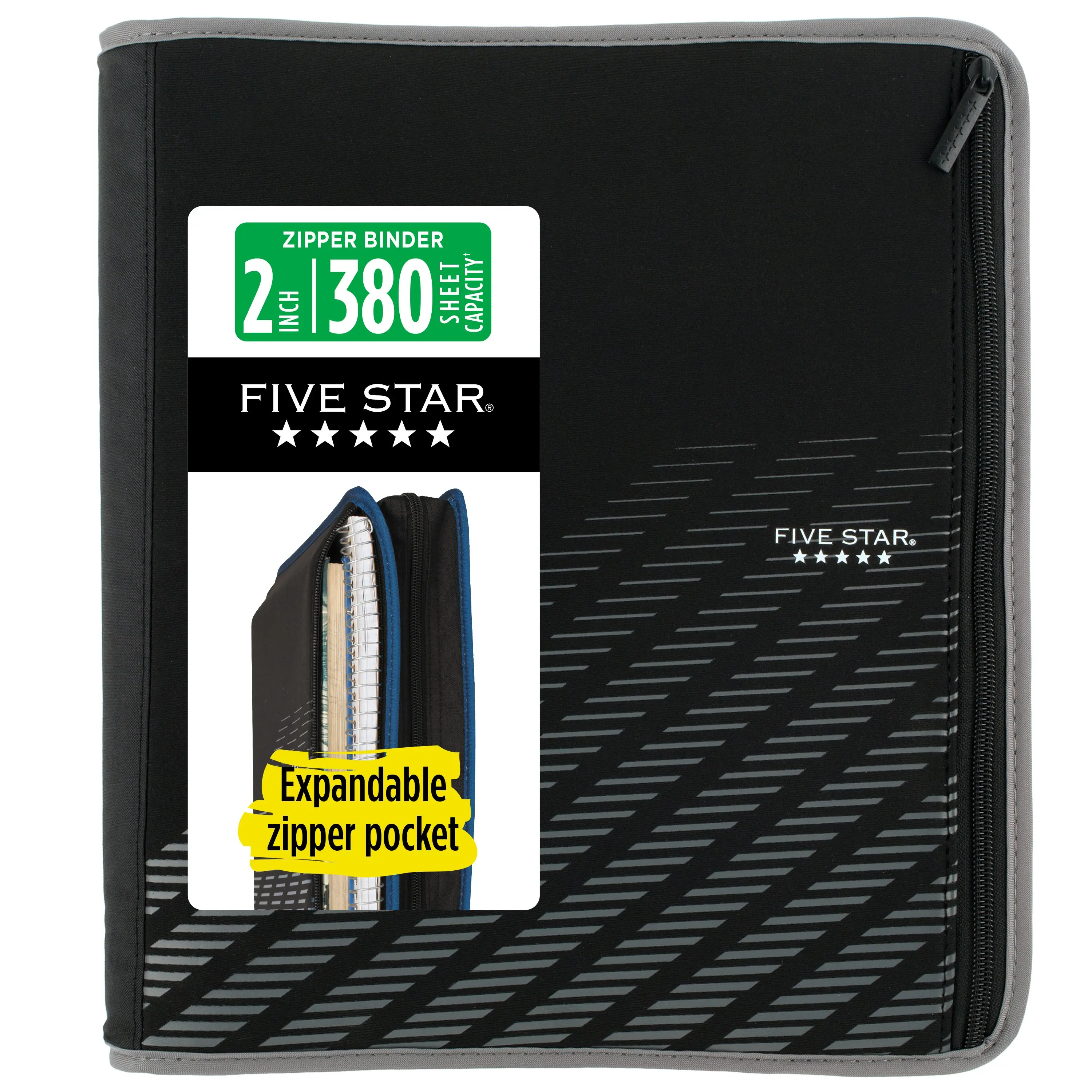 Five Star Xpanz Zipper Binder, 2" Round Rings, 380 Sheets, Gray (28090HX9)