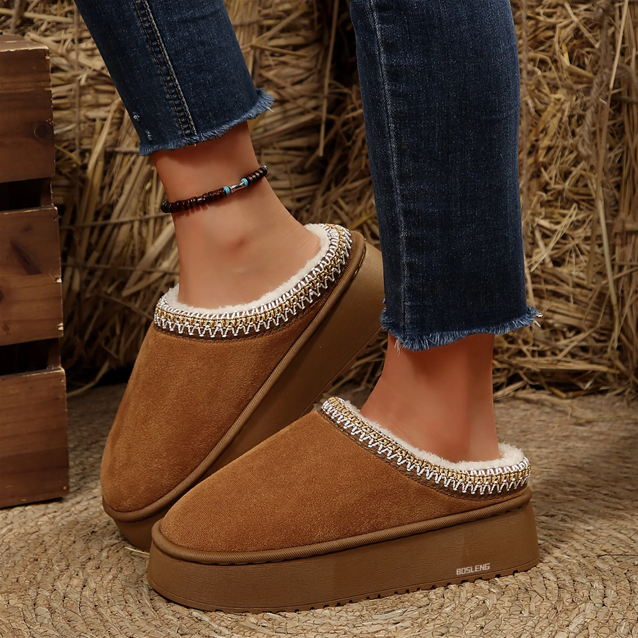 Women's Cozy Fleece-Lined Suede Slippers - Embroidered Trim Platform House Indoor Outdoor Shoes for Winter Comfort