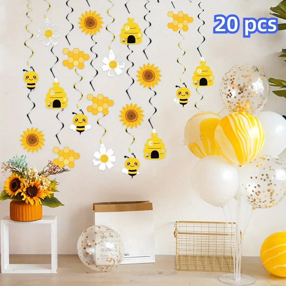20 Pcs Bee Theme Party Hanging Decoration Easy To Install Bumblebee Hanging Swirl Beehive Sunflower Chrysanthemum Bee Ceiling Hanging Swirl Foil Bee Theme Party Supplies Decoration, different style, Suitable for Most Scenes Pack Set Ornaments