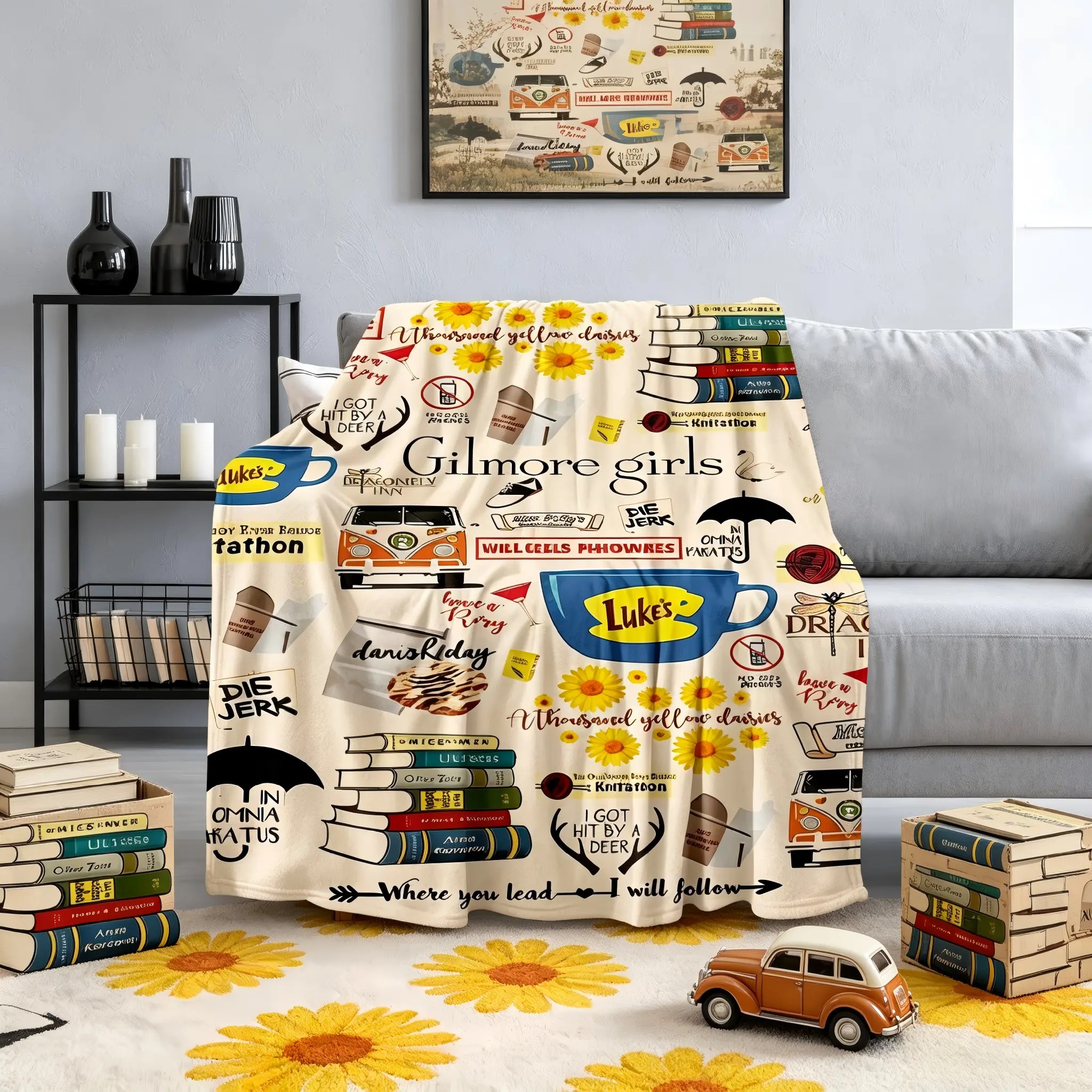 "Where You Lead I Will Follow" Gilmore Girls Tv Show Quote Flannel Texture Blanket - Soft Polyester Fiber, Multi-Size, for Bingewatching