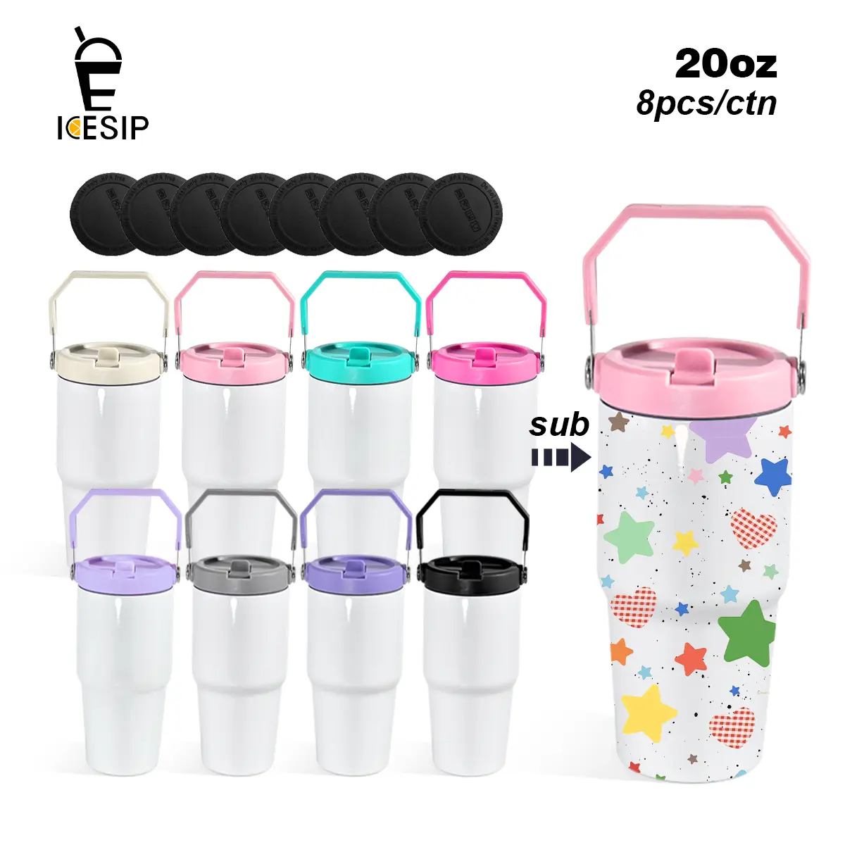 ICESIP 20oz Sublimation Tumbler (8pcs/ctn) - Stainless Steel Double Wall Vacuum Insulated Travel Mug, Colored Handle Lid, UV Sticker DIY Crafty Gift for Birthday, Ceremony, Event (Rose Red, Mint Green)