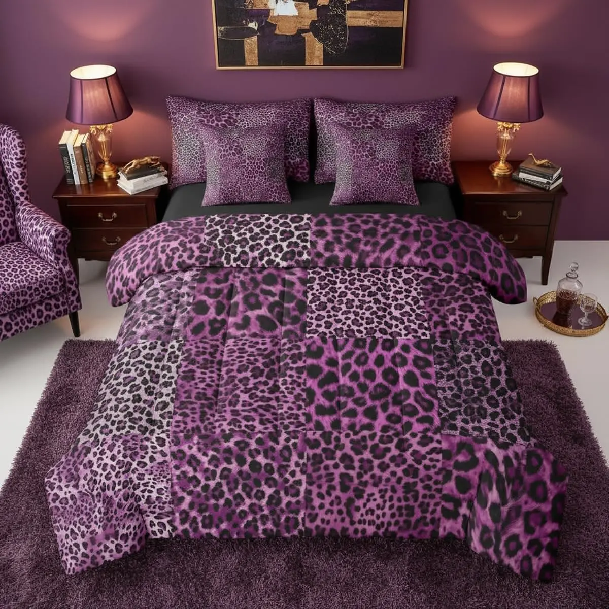 Pink Leopard Print Bed in A Bag 7 Pcs African Animal Cheetah Comforter Set Wild Safari Skin Pattern Bedding Sets Patchwork Farmhouse Wildlife Sheet Set with Comforter