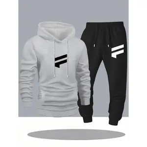 Men's Adults 2-Piece Oversized Gym Tracksuit Beige Black Options White Logo Winter Fleece-Lined Warm Loose Fit Kangaroo Pockets Drawstring Hood Running Yoga Training Casual Wear Machine Washable Sizes S-3XL