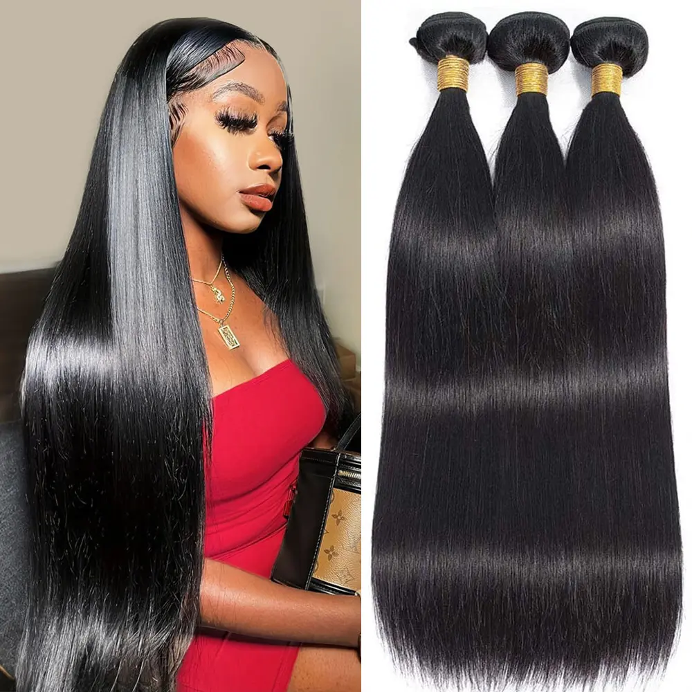 Ramiss Brazilian Straight Hair Bundles 12A Virgin Human Hair Quick Weave Unprocessed Raw Hair Extensions Straight Bundles with Closure