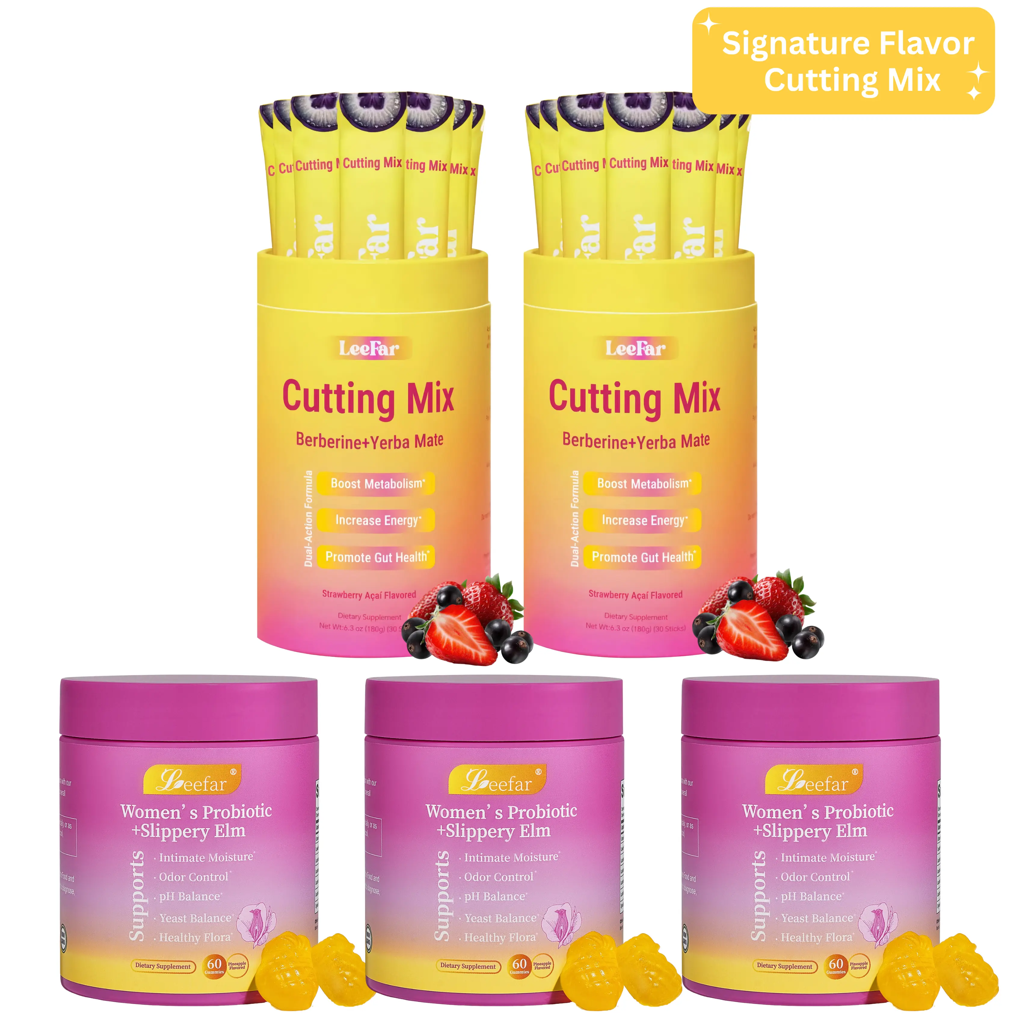 LEEFAR Signature Bundle: Women's Probiotics+Slippery Elm Pineapple Gummies*3 Bottles & Cutting Drink Mix*2 Jars