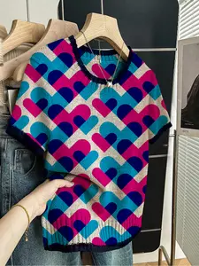 Geometric Heart Colorblock Print Round Neck Knitted Sweater, Casual Fitted Short Sleeve Knitwear for Spring Summer Fall, Comfortable Warm Women's Clothing Colorblock Pullover