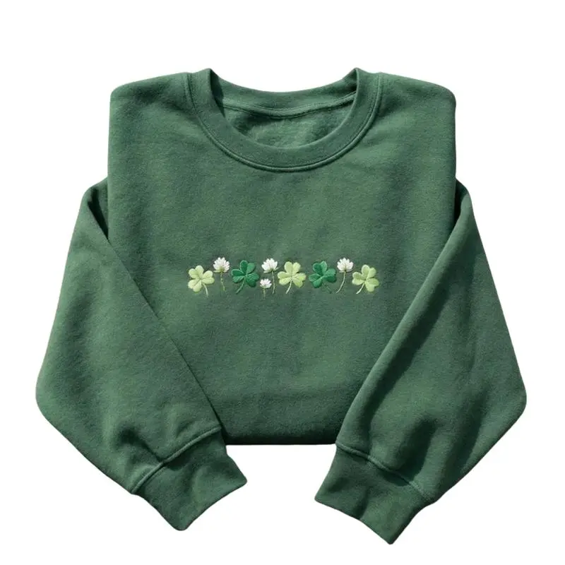 Embroidered Shamrocks Crewneck Sweatshirt, St. Patrick's Day Irish Sweatshirt, Shamrock Meadow Design, Cozy Pullover for St. Patrick’s Day,Lucky Meadow Floral Pullover for Women, Elegant Botanical Green Holiday Shirt, Soft Cozy Cotton Top