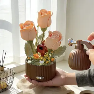 Electric Blooming Brick Flower Lamp Motion-Triggered Building Block Toy with Auto Bloom Sensor & Watering Can Creative Gift for Girls Decorative Night Light Cute Desk Ambient Lamp DIY Blocks Set Unique Blooming Toy