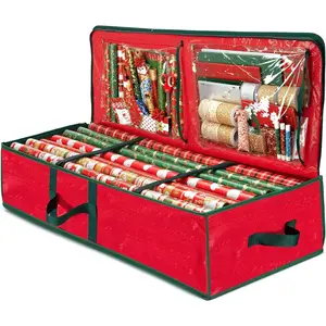 Gift Wrapping Paper Organizer Storage - 40" Gift Wrap Storage Containers With Interior Pockets For Bows, Tags & Ribbons, Waterproof, Fits 24 Standard Rolls, Red