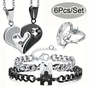 6Pcs/ Set Enchanting Couple Heart Jewelry Set - Matching Heart Pendant Necklace, His & Hers Bracelets, and Ring for Women and Men - Romantic Gift Idea for Anniversary, Valentine's Day, and Wedding