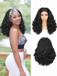 Black Burmese Curly Headband Wig Kinky Straight Loose Wave Glueless Synthetic Half Wig With Attached Headband Women Fashion Hairpiece