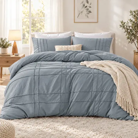 Pintuck Pleated Solid Bed Cover Set - Oeko-Tex Certified Soft Washed Synthetic Microfibre, Breathable All-Seasons Bedding, Machine Washable, Multi Neutral Tones (Blue/Grey, White), Sizes (Twin/Twin XL, Full, Queen, King, Cal King), Compressed Packaging
