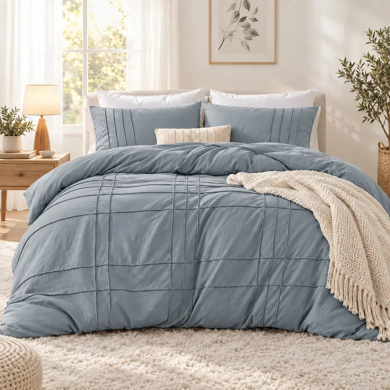 Pintuck Pleated Solid Bed Cover Set - Oeko-Tex Certified Soft Washed Synthetic Microfibre, Breathable All-Seasons Bedding, Machine Washable, Multi Neutral Tones (Blue/Grey, White), Sizes (Twin/Twin XL, Full, Queen, King, Cal King), Compressed Packaging