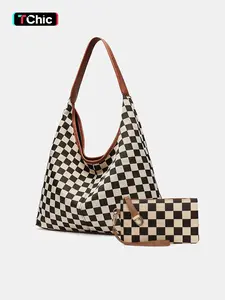 Large-Capacity Checkered Tote Bag Handbags Purse and Wallet Set for Women Daily Bag For Travel And Shopping Shoulder Bag With Inner Pocket, Durable Canvas Fabric