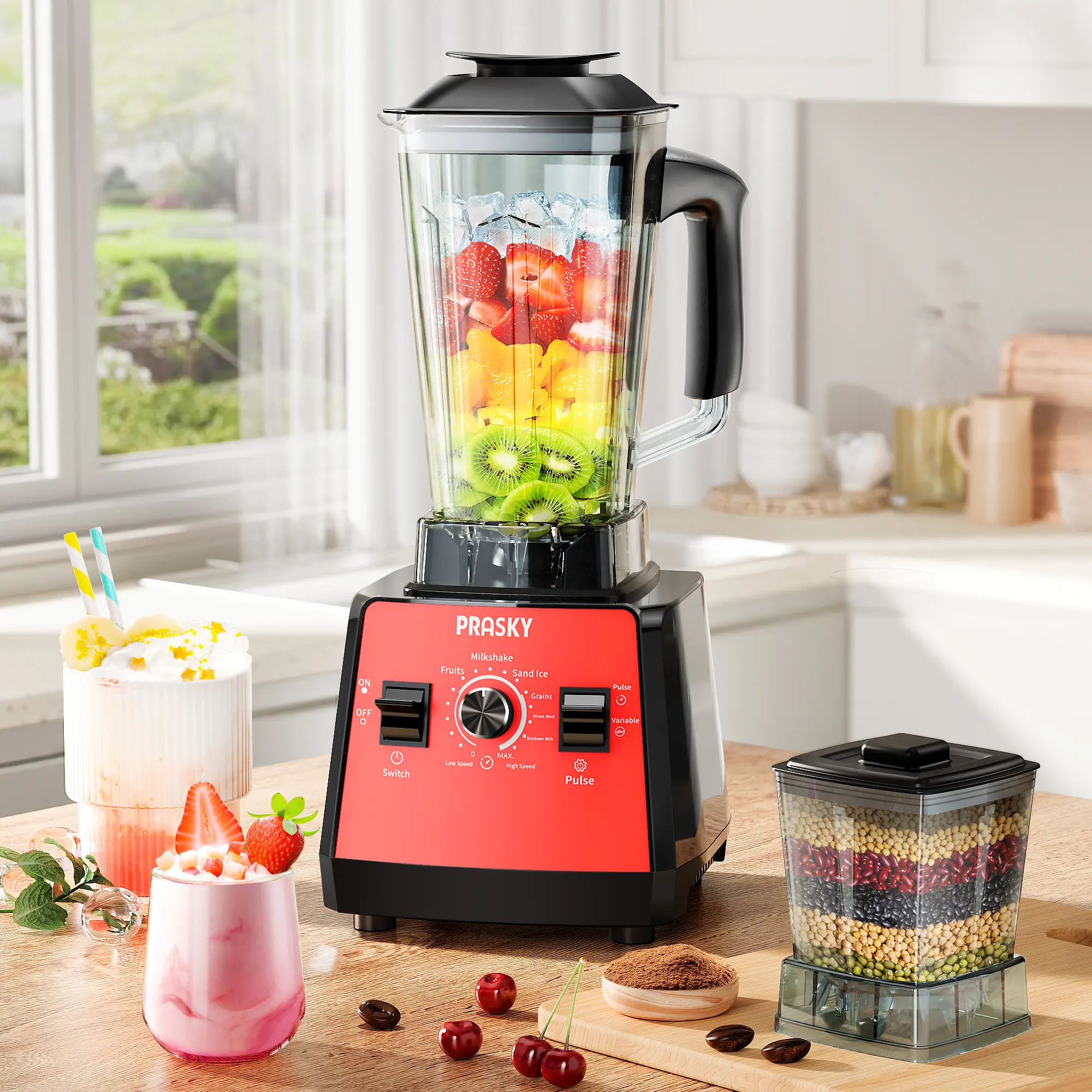 PRASKY Professional 2400W Power Blender - 68oz BPA-Free Large Capacity Countertop Milkshake Maker for Family Users, 25000 RPM High Speed, Ice Crushing, Soups, Self-Cleaning, Automatic Power Off, Less Refill Runs, Large Capacity Design