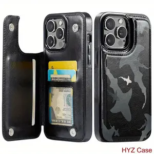 Shark Camo Leather Wallet iPhone Case - Outdoor Functional Design for iPhone 17/16/15 Pro Max/14 Plus/13/12 Pro/Air