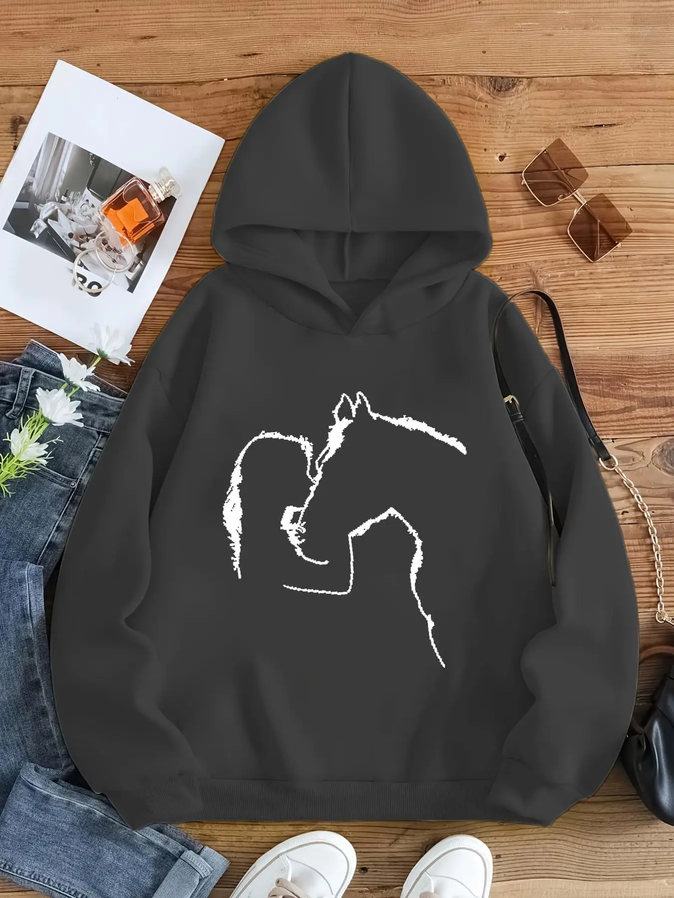 Girl's Horse & Figure Print Drop Shoulder Hoodie, Fashion Casual Long Sleeve Hooded Sweatshirt for Daily Outdoor Wear, Girls Clothing for Fall & Winte