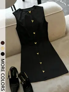 1 Piece Elegant Formal Black Sleeveless Fitted Mini Summer Evening Dress with Heart Button Detail